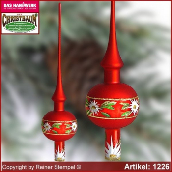 Christmas tree ornaments glass tree top Landdhaus Rot with Edelweiss in ring glass from Lauscha Thüringen.