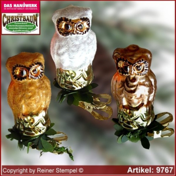 Christbaumschmuck, Glasvogel Eule, Baumschmuck aus Lauscha Glasfigur, Glasform Sammlerstücke Glas aus Lauscha Thüringen.