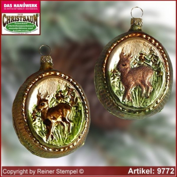 Christbaumschmuck, Medallion mit Reh, Baumschmuck aus Lauscha Glasfigur, Glasform Sammlerstücke Glas aus Lauscha Thüringen.