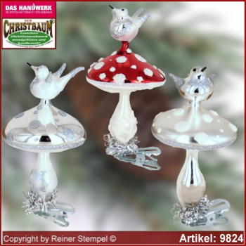 Christmas tree ornaments fly mushroom with bird glass figure glass shape Collectible