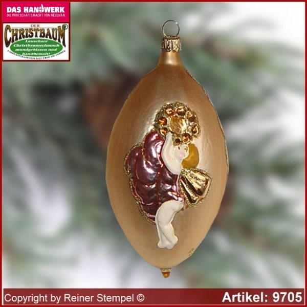 Christbaumschmuck Olive mit Engel, Baumschmuck aus Lauscha Glasfigur, Glasform Sammlerstücke Glas aus Lauscha Thüringen.